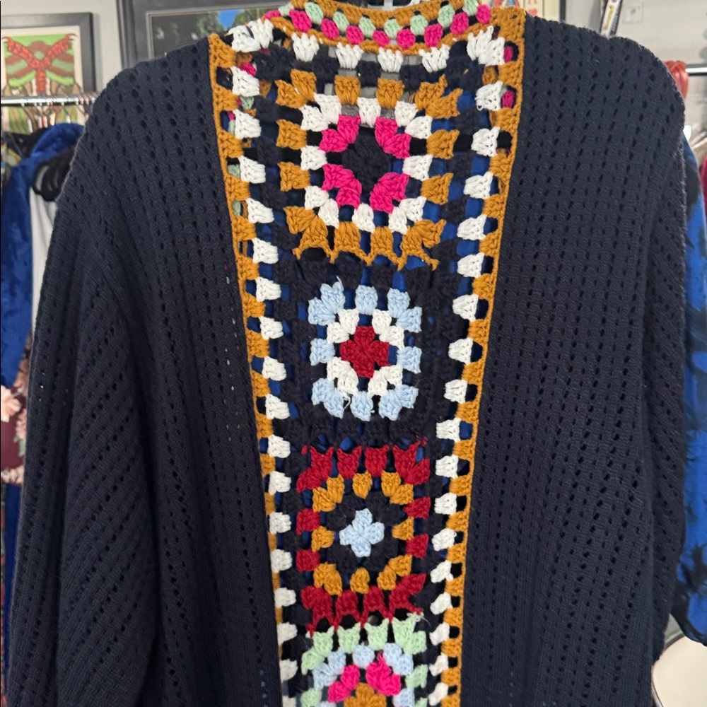 Anthropologie Navy Cardigan with Multicolor Crochet Trim - Picture 3 of 7